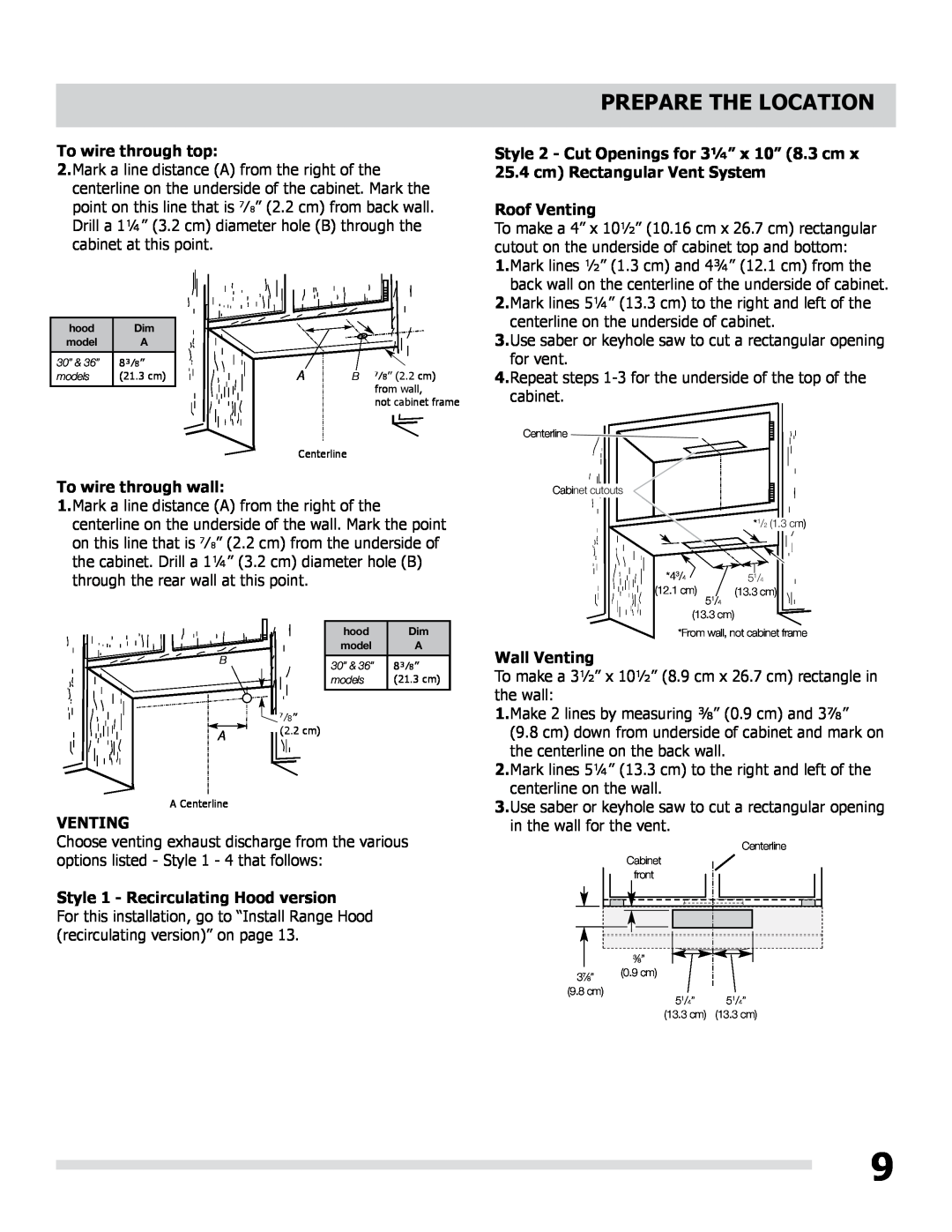 Frigidaire LI30MB manual To wire through top, Roof Venting, To wire through wall, Wall Venting, Prepare The Location 