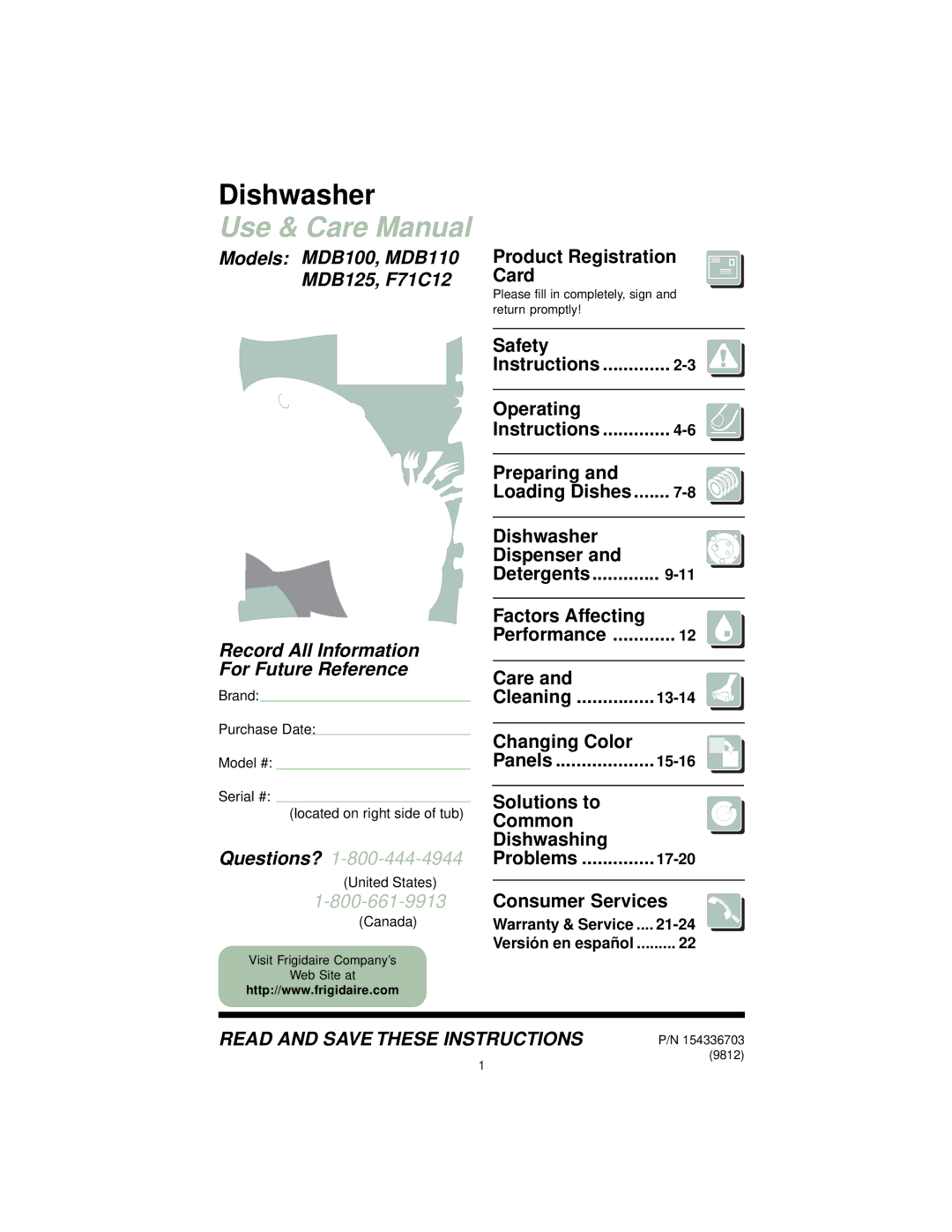 Frigidaire MDB110 MDB125, MDB100, F71C12 warranty Dishwasher, Use & Care Manual 