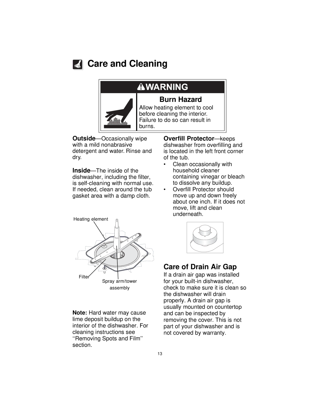 Frigidaire MDB110 MDB125, MDB100, F71C12 warranty Care and Cleaning, Burn Hazard, Care of Drain Air Gap 