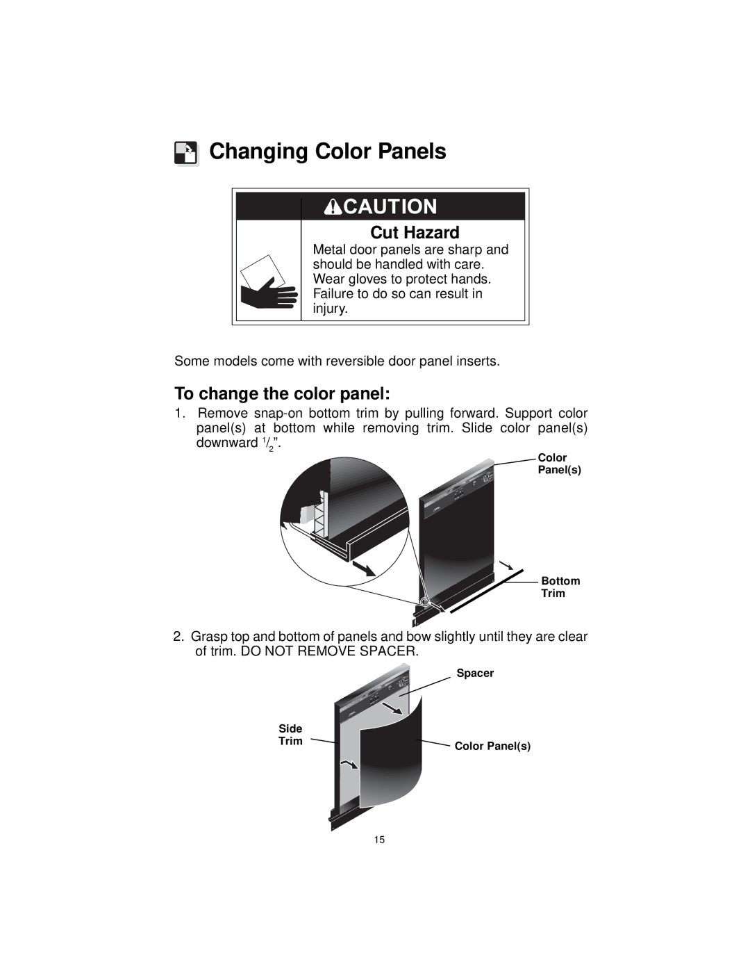 Frigidaire MDB100, MDB110 MDB125, F71C12 warranty Changing Color Panels, Cut Hazard, To change the color panel 