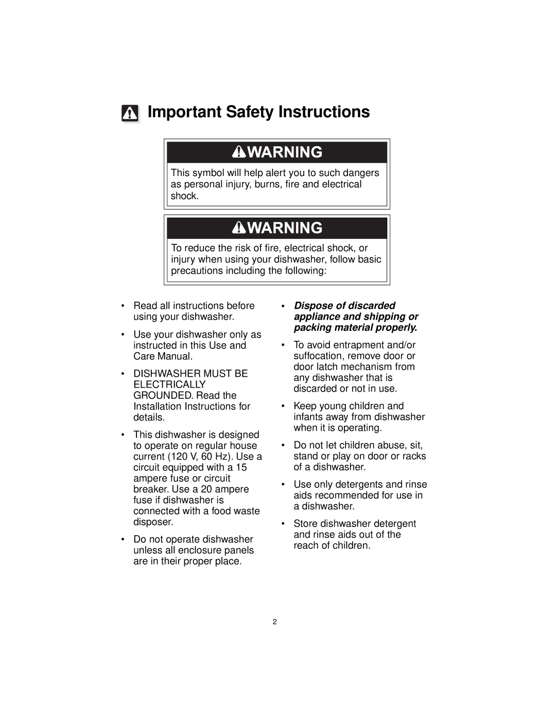 Frigidaire F71C12, MDB100, MDB110 MDB125 warranty Important Safety Instructions 