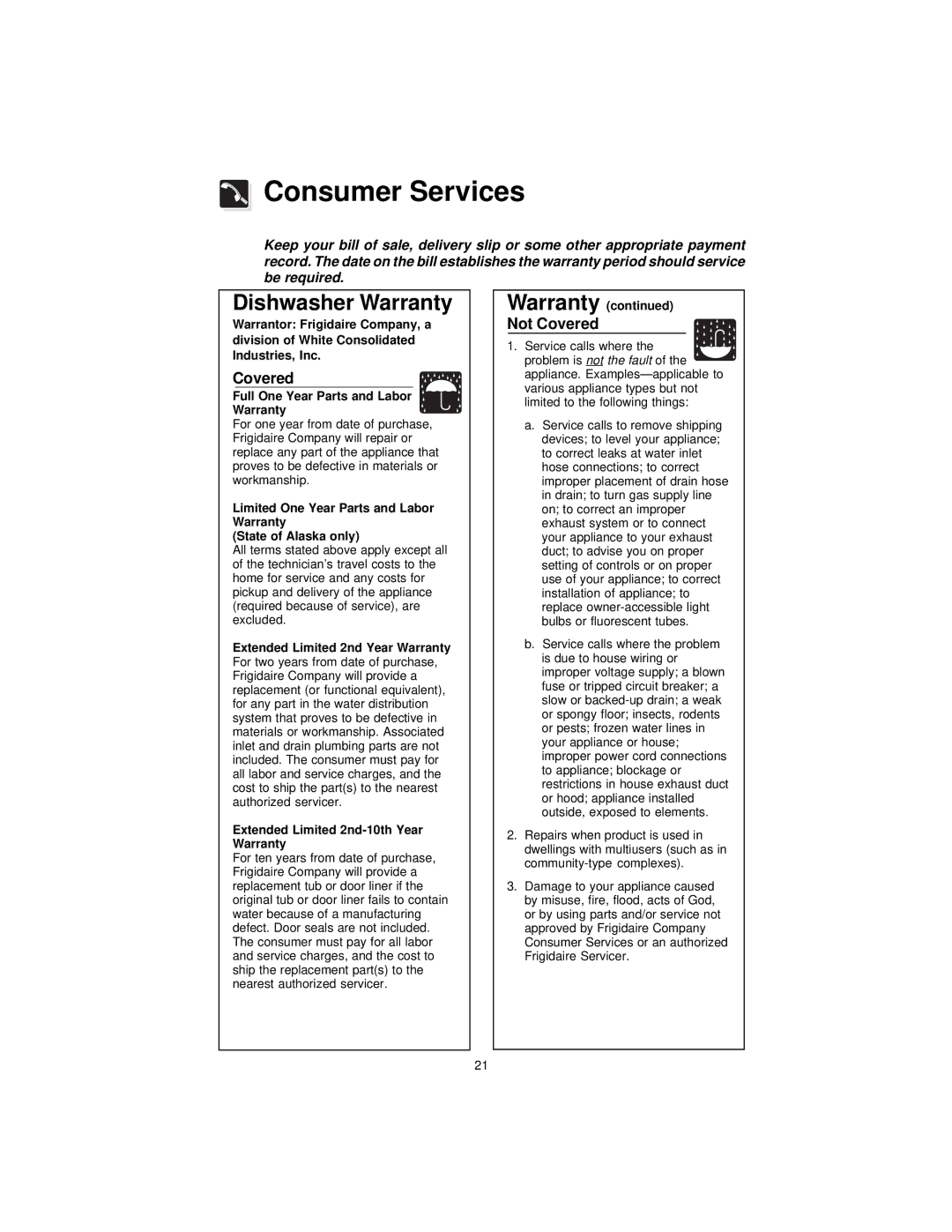 Frigidaire MDB100, MDB110 MDB125, F71C12 warranty Consumer Services, Dishwasher Warranty 