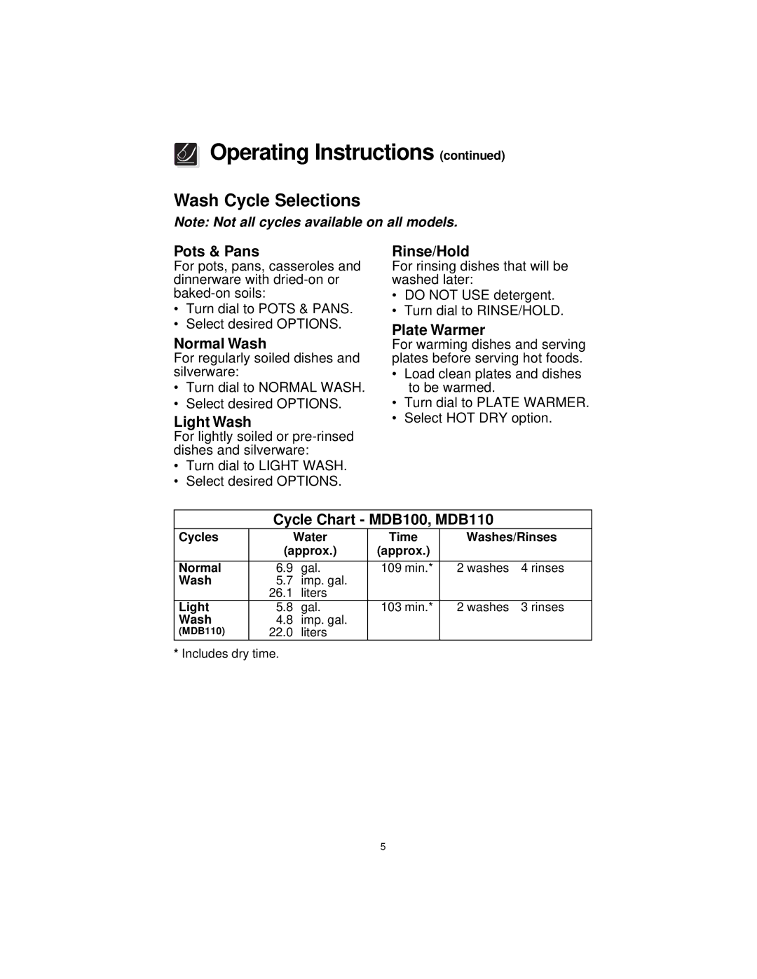 Frigidaire F71C12, MDB100, MDB110 MDB125 warranty Wash Cycle Selections, Pots & Pans 