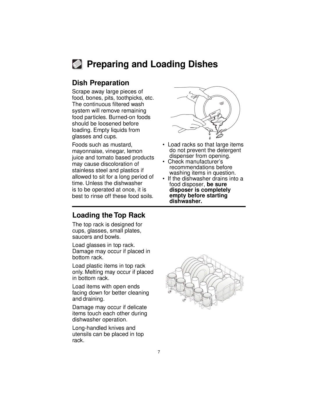 Frigidaire MDB110 MDB125, MDB100, F71C12 warranty Preparing and Loading Dishes, Dish Preparation, Loading the Top Rack 