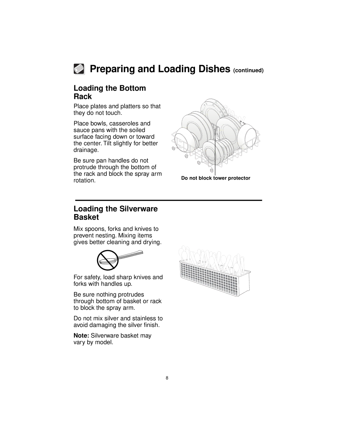 Frigidaire F71C12, MDB100, MDB110 MDB125 warranty Loading the Bottom Rack, Loading the Silverware Basket 