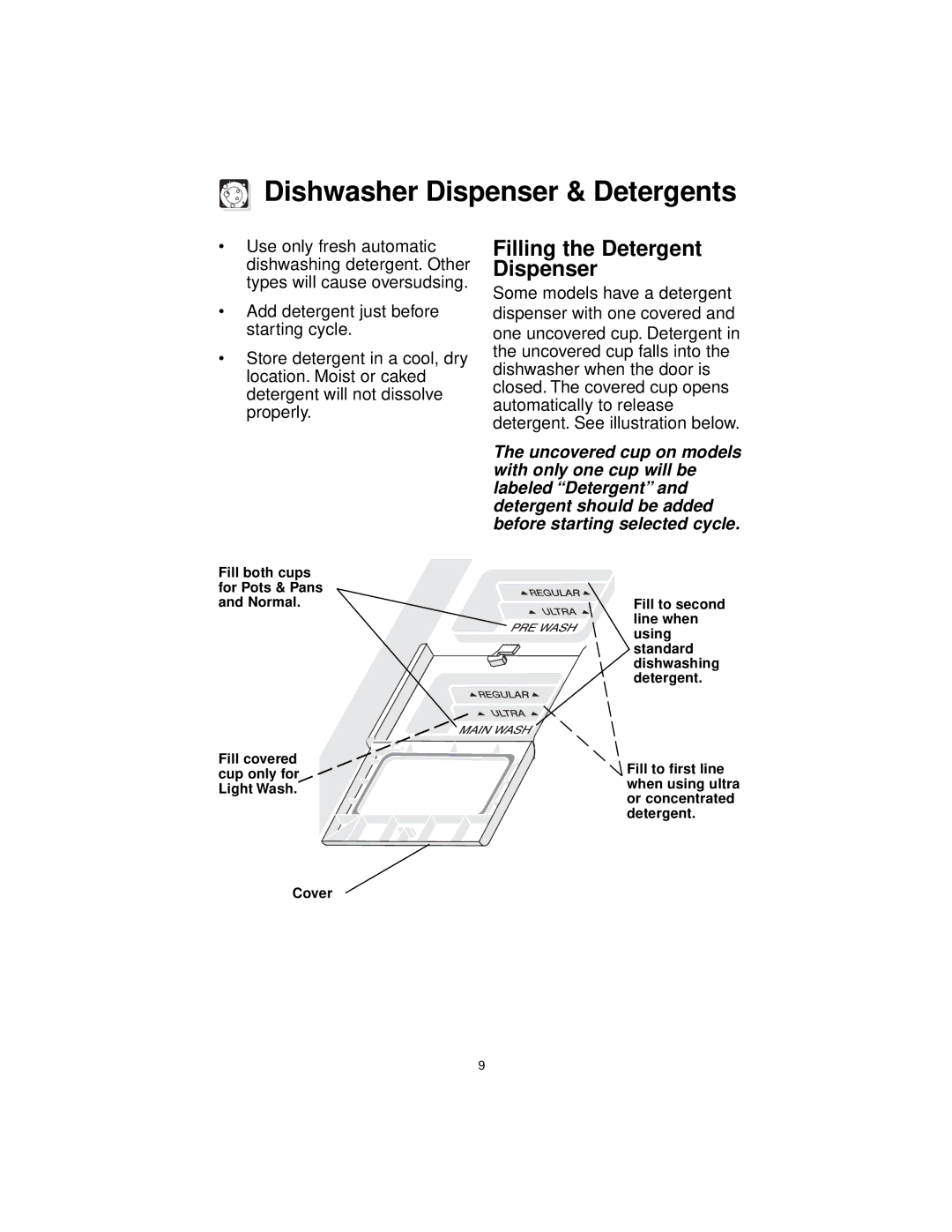 Frigidaire MDB100, MDB110 MDB125, F71C12 warranty Dishwasher Dispenser & Detergents, Filling the Detergent Dispenser 