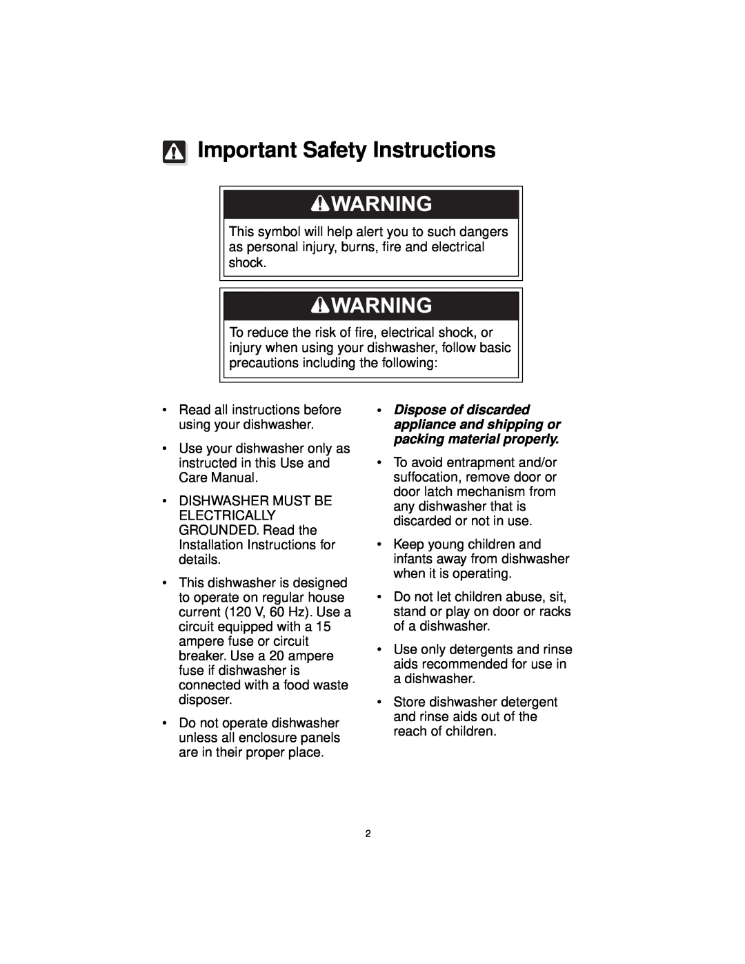 Frigidaire F71C12, MDB100, MDB110 MDB125 warranty Important Safety Instructions 