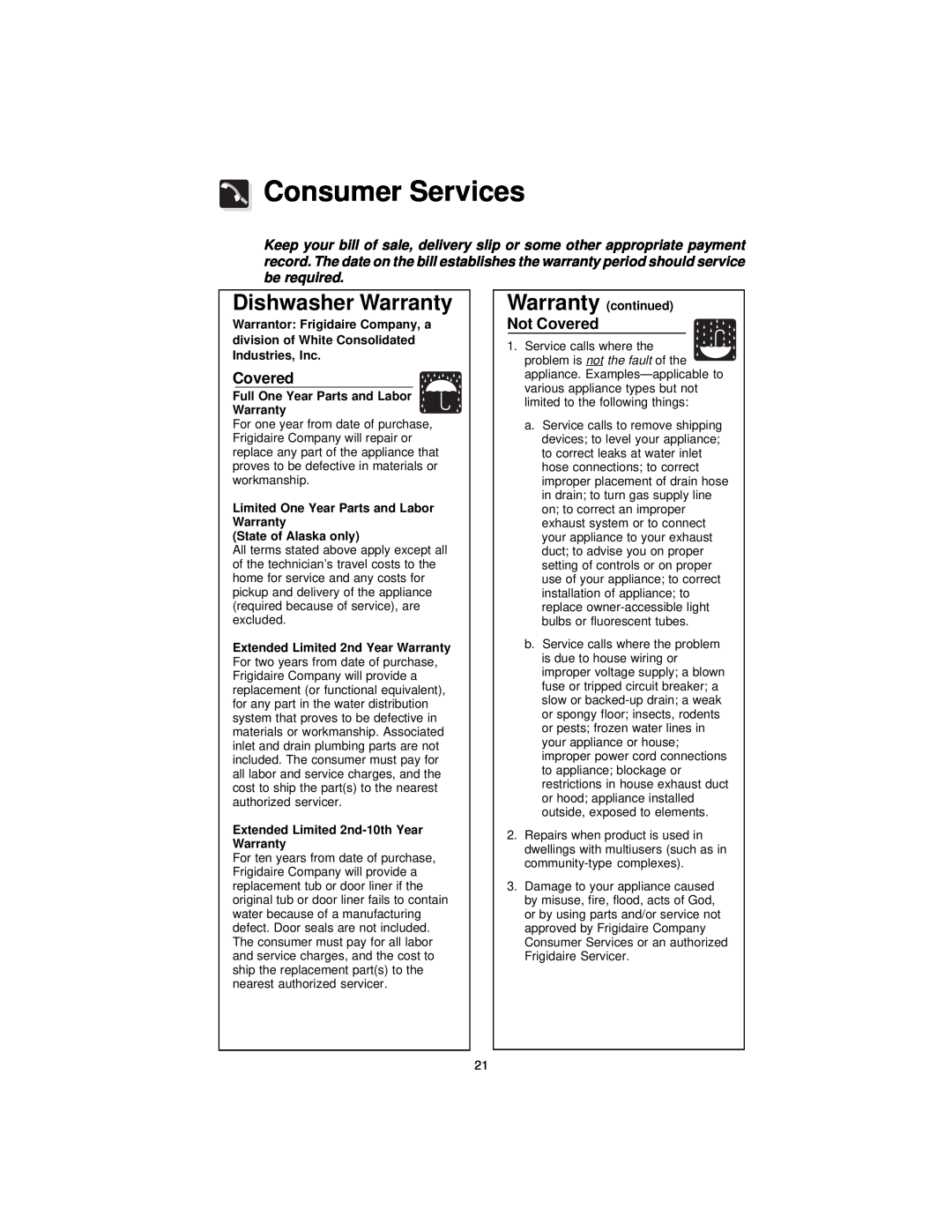 Frigidaire MDB100 Consumer Services, Dishwasher Warranty, Not Covered, Limited One Year Parts and Labor Warranty 