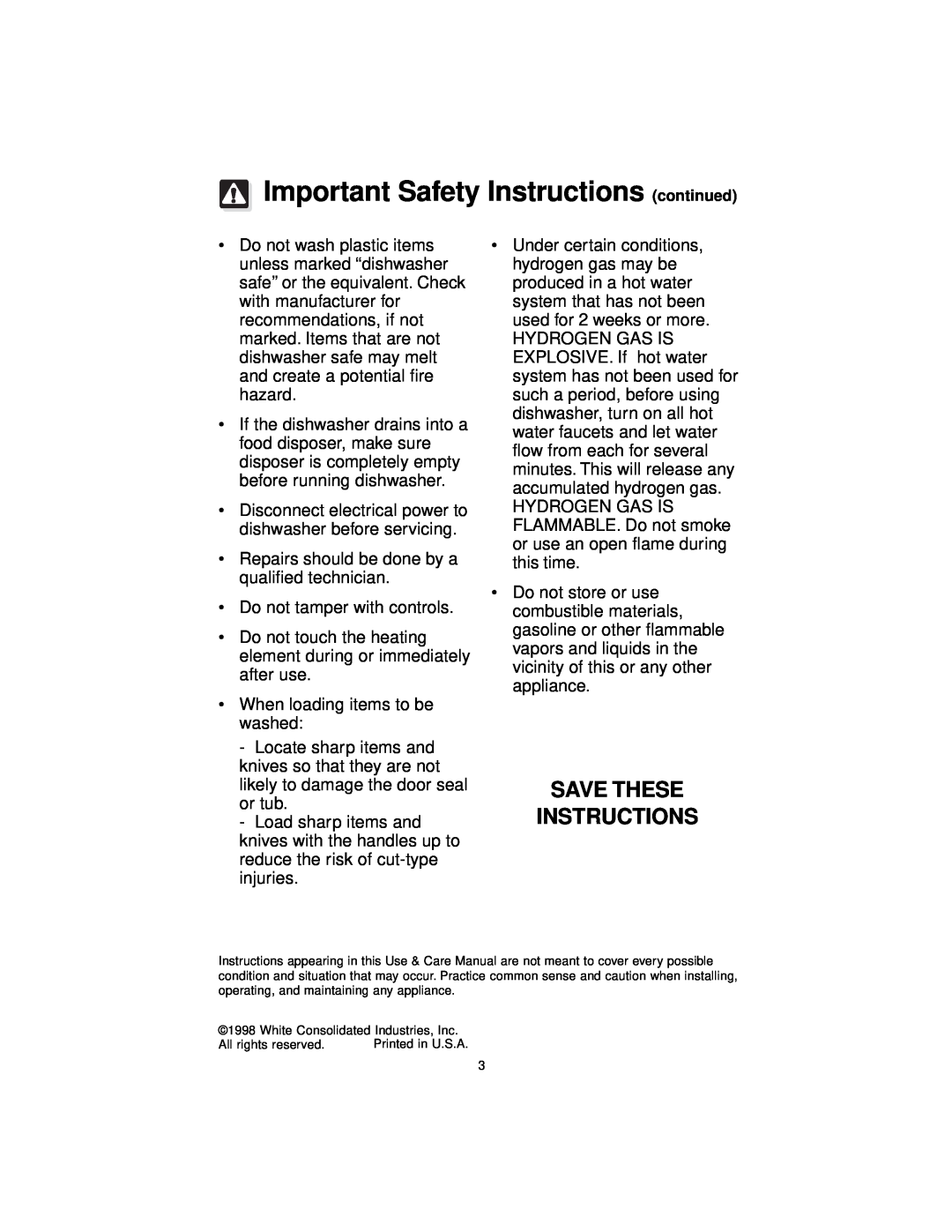 Frigidaire MDB100, MDB110 MDB125, F71C12 warranty Important Safety Instructions continued, Save These Instructions 
