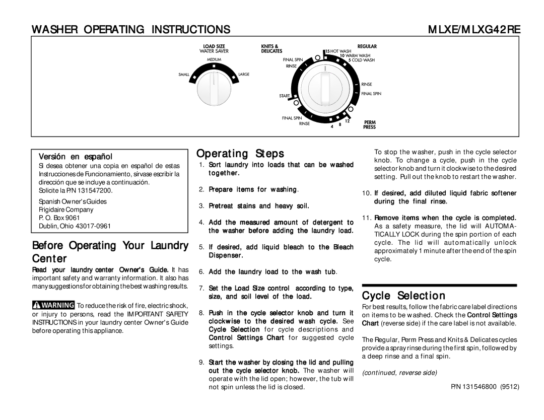 Frigidaire operating instructions Washer Operating Instructions MLXE/MLXG42RE, Before Operating Your Laundry Center 