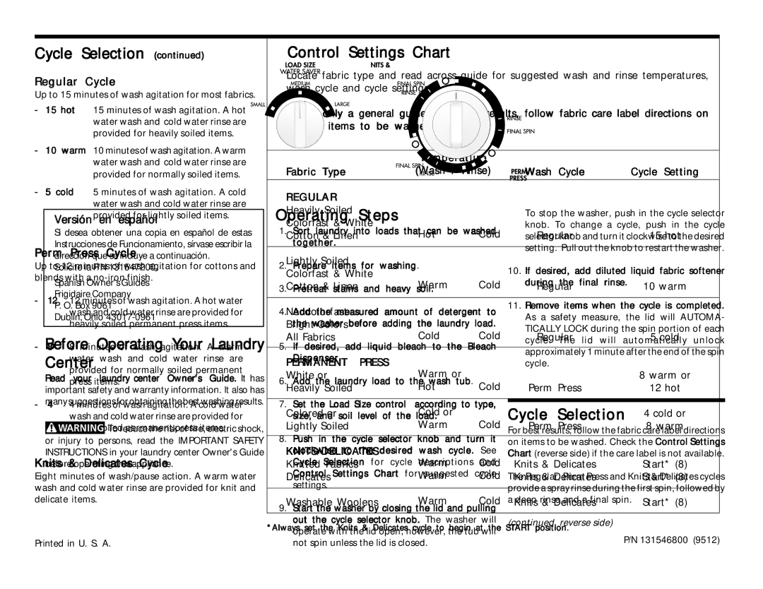 Frigidaire MLXG42RE, MLXE Control Settings Chart, Regular Cycle, Perm Press Cycle, Knits & Delicates Cycle 