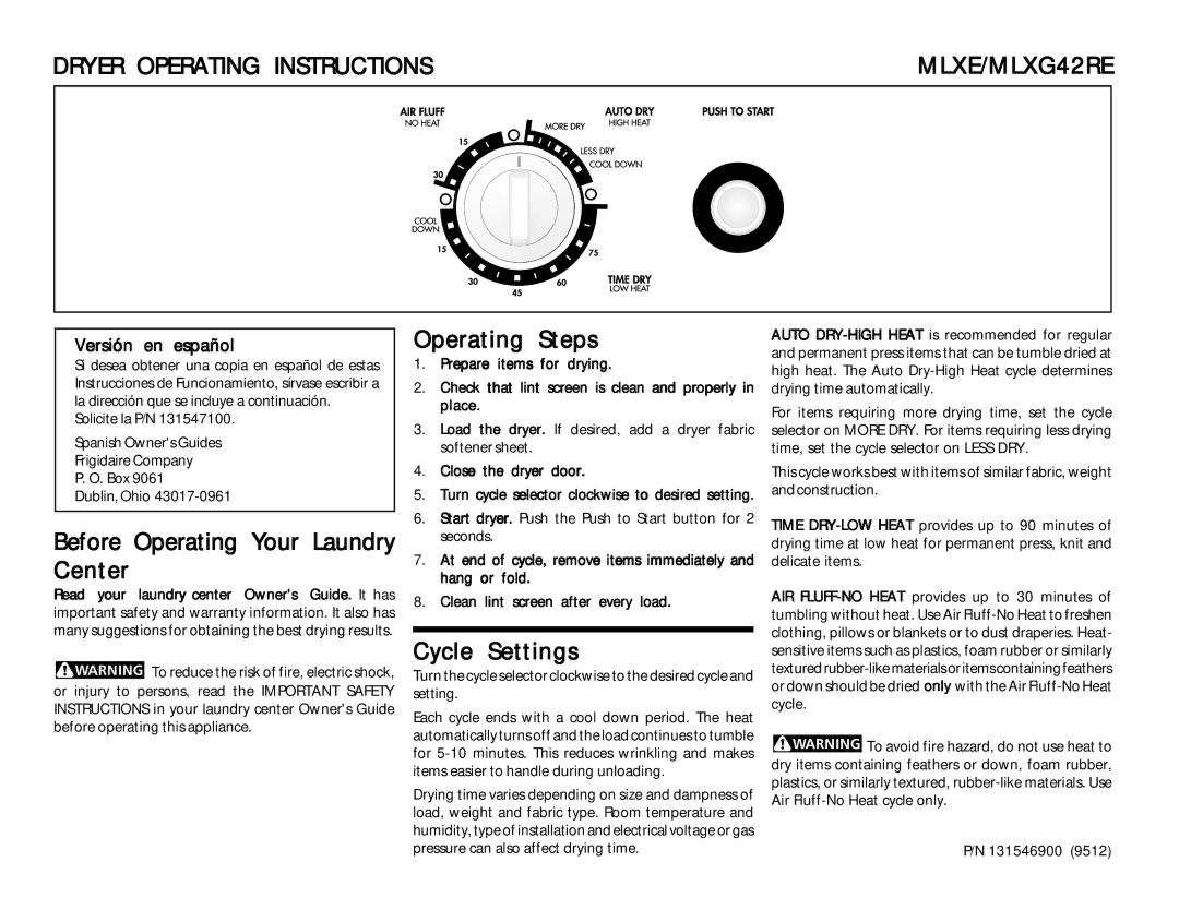 Frigidaire MLXE, MLXG42RE operating instructions Dryer Operating Instructions, Cycle Settings 