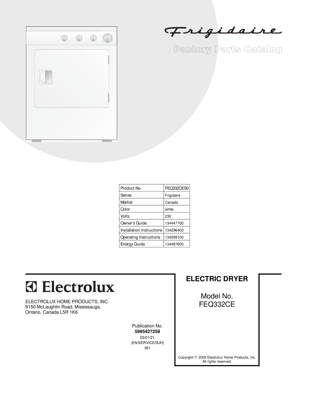 Frigidaire Model No. FEQ332CE installation instructions Electric Dryer 