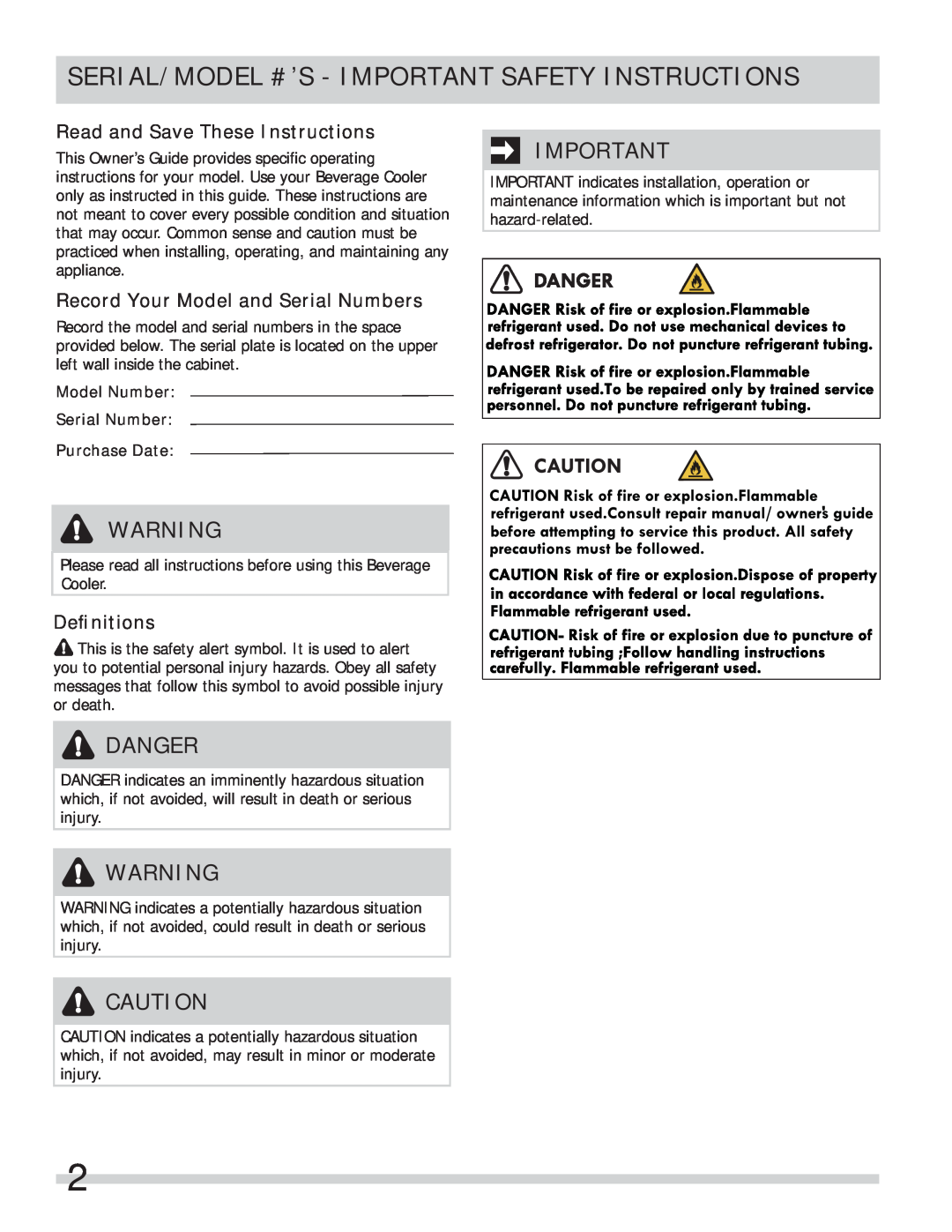 Frigidaire MODEL #S Serial/Model #’S - Important Safety Instructions, Danger, Read and Save These Instructions, Deﬁnitions 