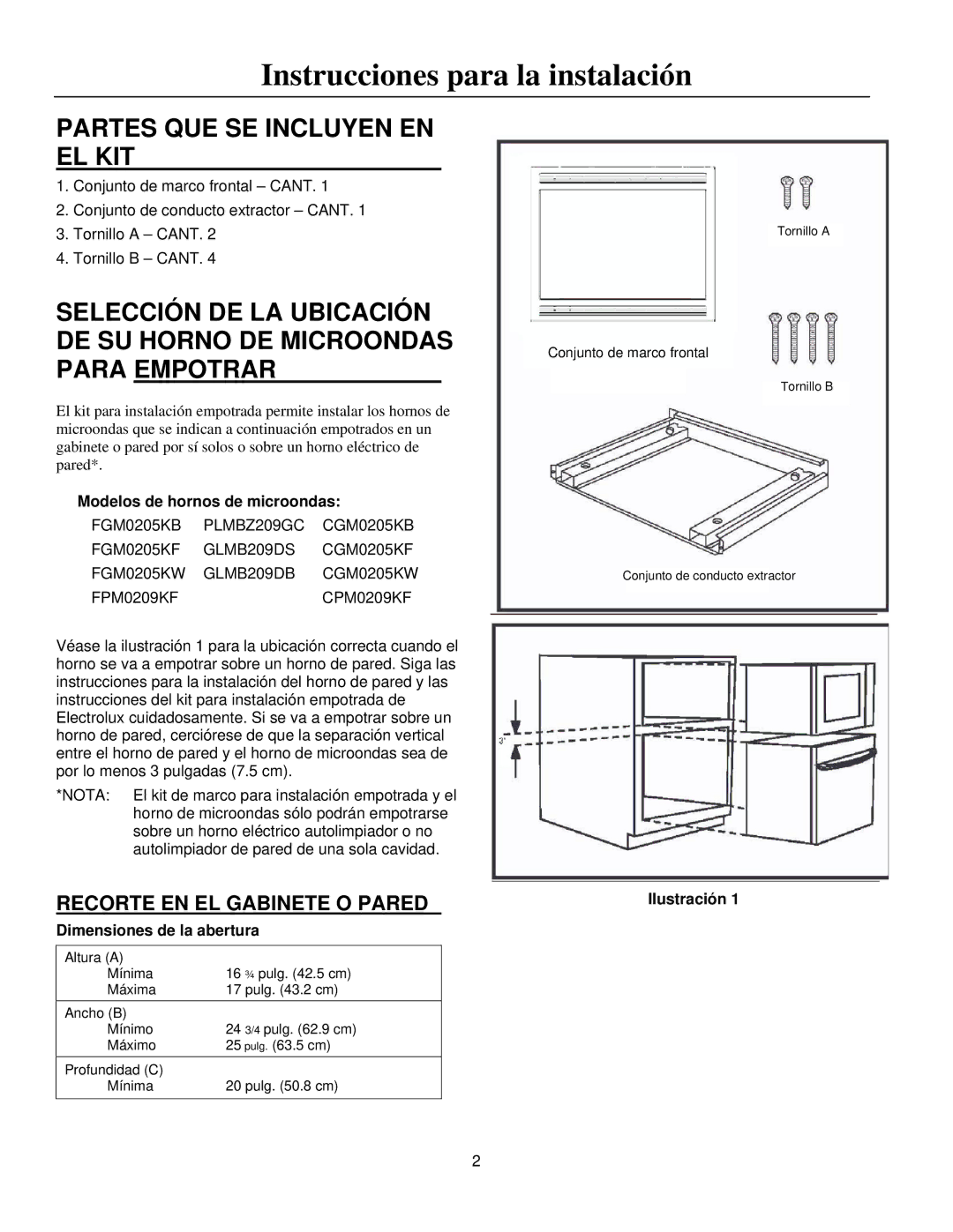 Frigidaire MWTK(P)27K Partes QUE SE Incluyen EN EL KIT, Recorte EN EL Gabinete O Pared, Modelos de hornos de microondas 