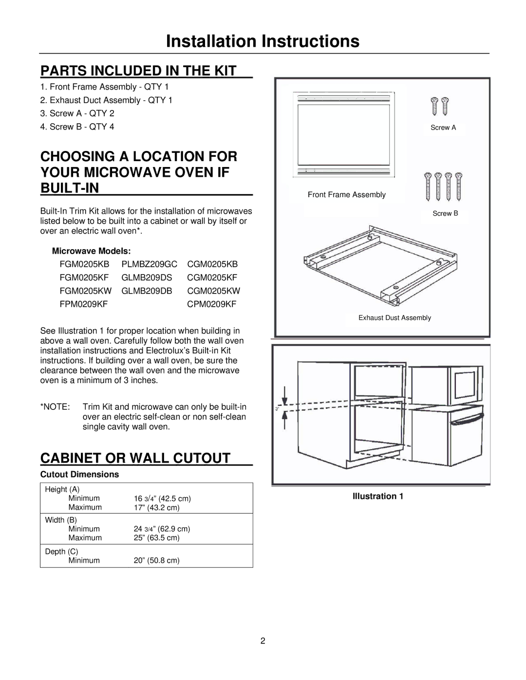 Frigidaire MWTK(P)27K, MWTK(P)30K Parts Included in the KIT, Choosing a Location for Your Microwave Oven if BUILT-IN 