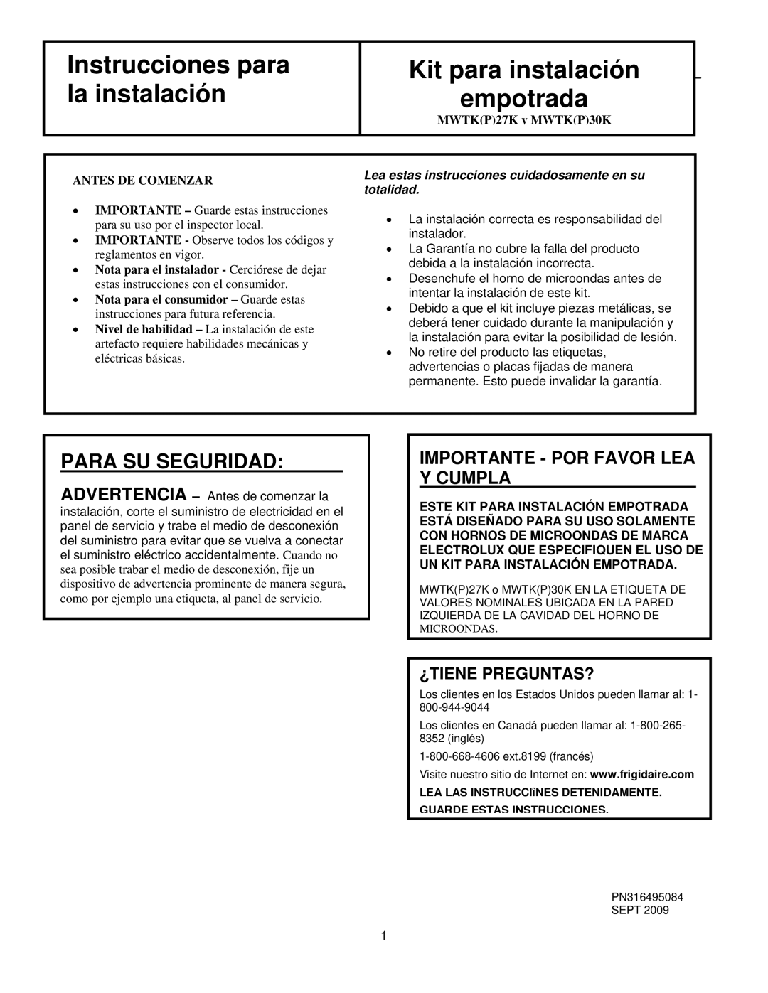 Frigidaire MWTK(P)30K, MWTK(P)27K Para SU Seguridad, Importante POR Favor LEA Y Cumpla, ¿Tiene Preguntas? 