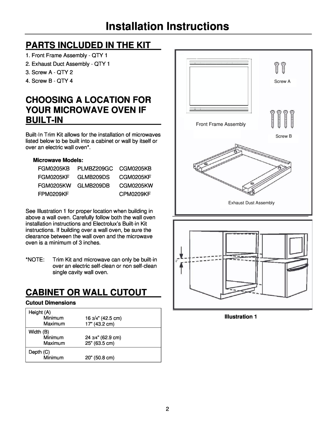 Frigidaire MWTK(P)27K Installation Instructions, Parts Included In The Kit, Cabinet Or Wall Cutout, Microwave Models 
