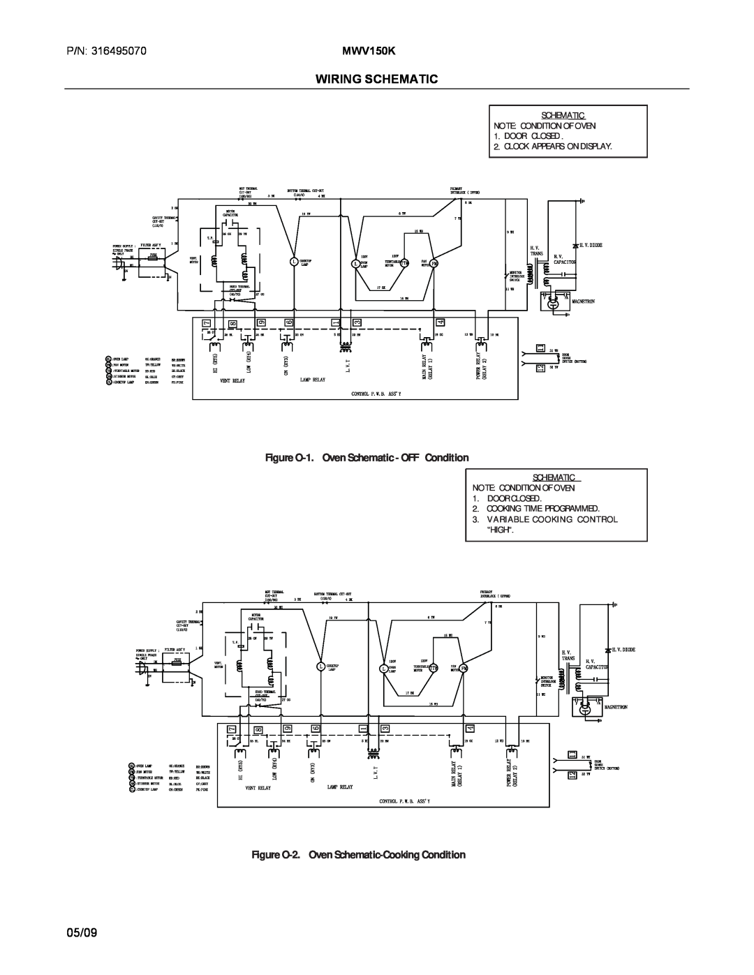 Frigidaire 316495070 manual Wiring Schematic, 05/09, P/N, MWV150K, Figure O-1.Oven Schematic- OFF Condition 