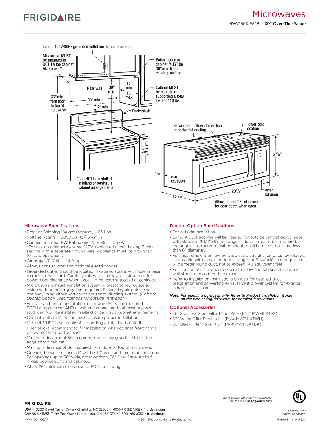 Frigidaire MWV150K W/B dimensions Locate 120V/60Hz grounded outlet inside upper cabinet, 2min, Min Max Backsplash 