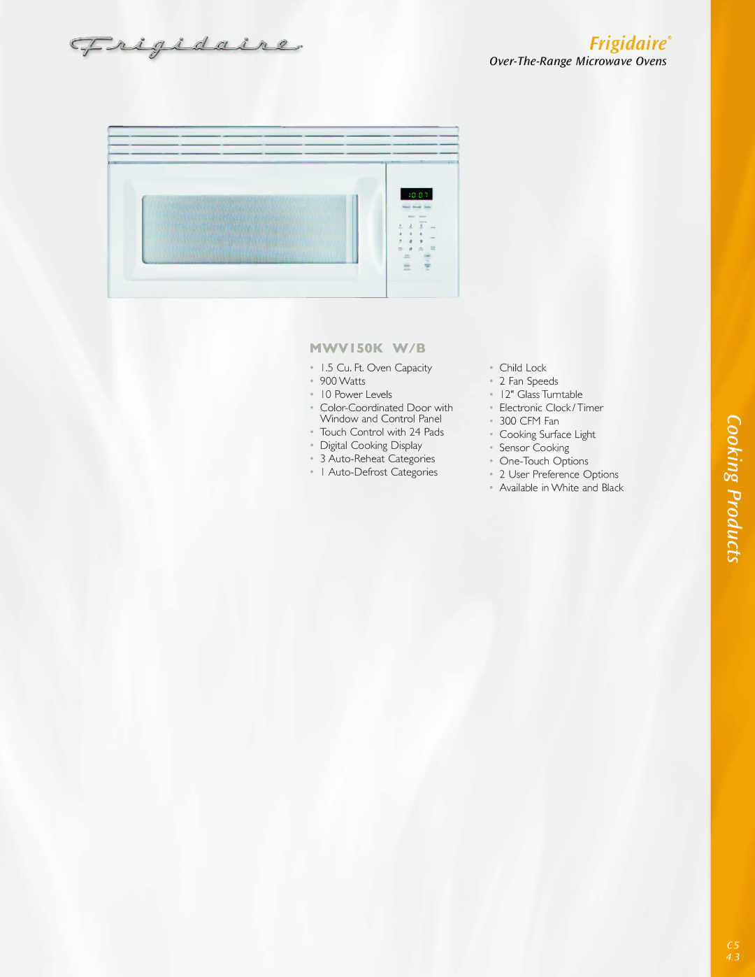 Frigidaire MWV150K manual Frigidaire, Available in White and Black 