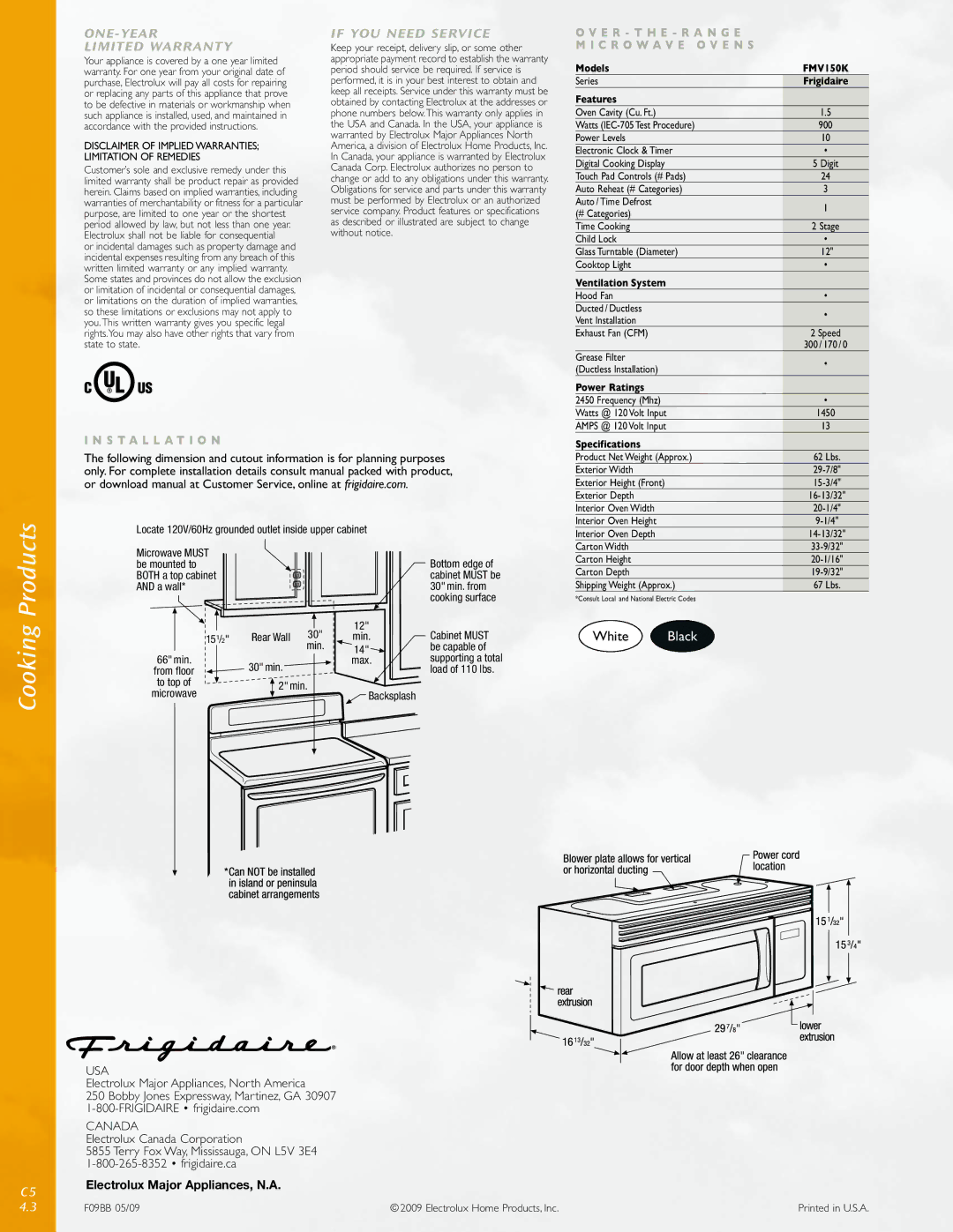 Frigidaire MWV150K manual ONE-YEAR Limited Warranty, If YOU Need Service, C R O W a V E O V E N S, Installation 