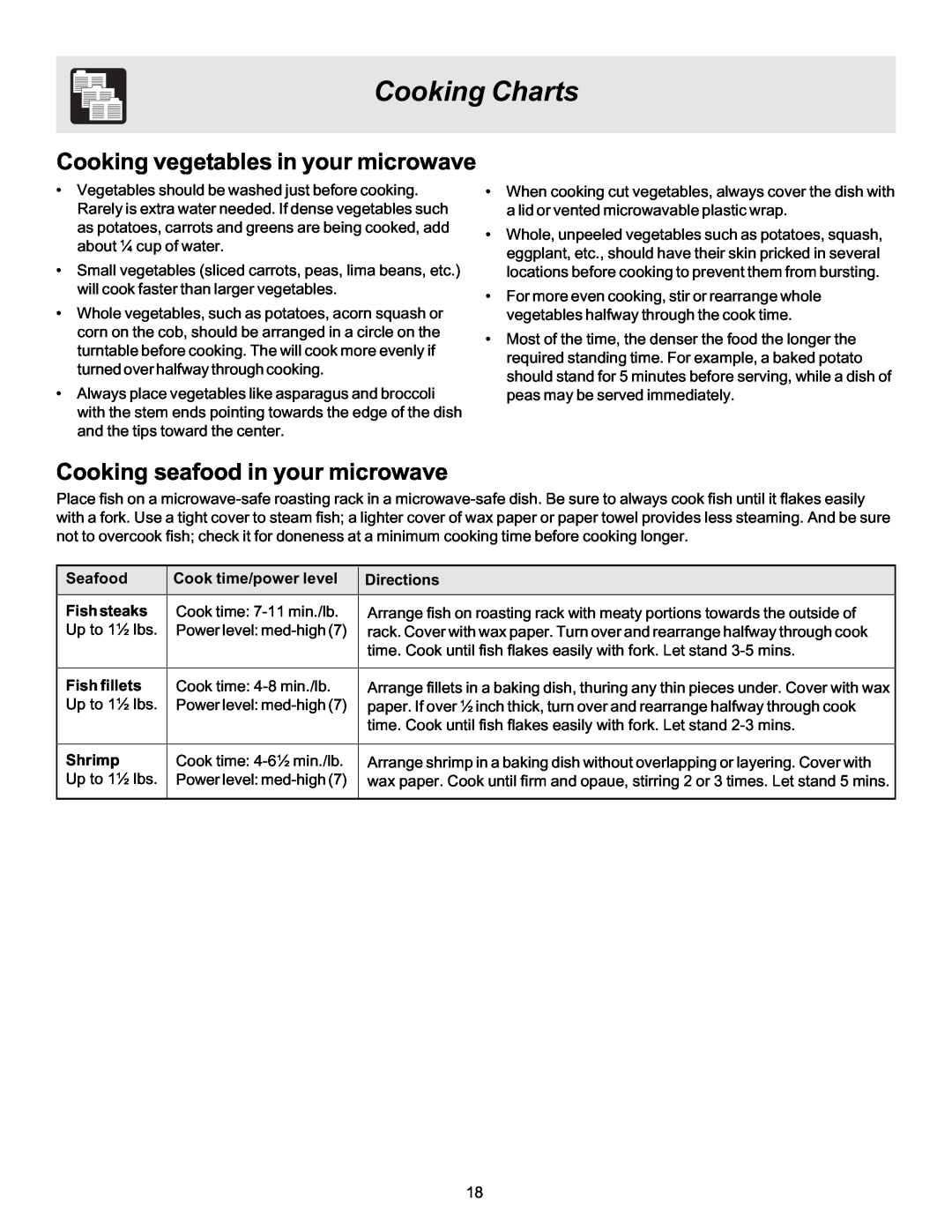 Frigidaire MWV150KB, MWV150KW manual Cooking seafood in your microwave, Cooking vegetables in your microwave, Cooking Charts 