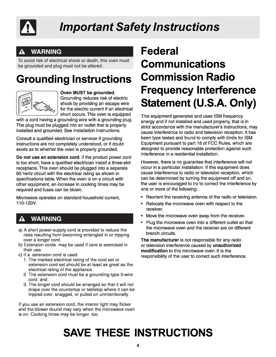 Frigidaire MWV150KW manual Federal Communications, Grounding Instructions Commission Radio, Important Safety Instructions 