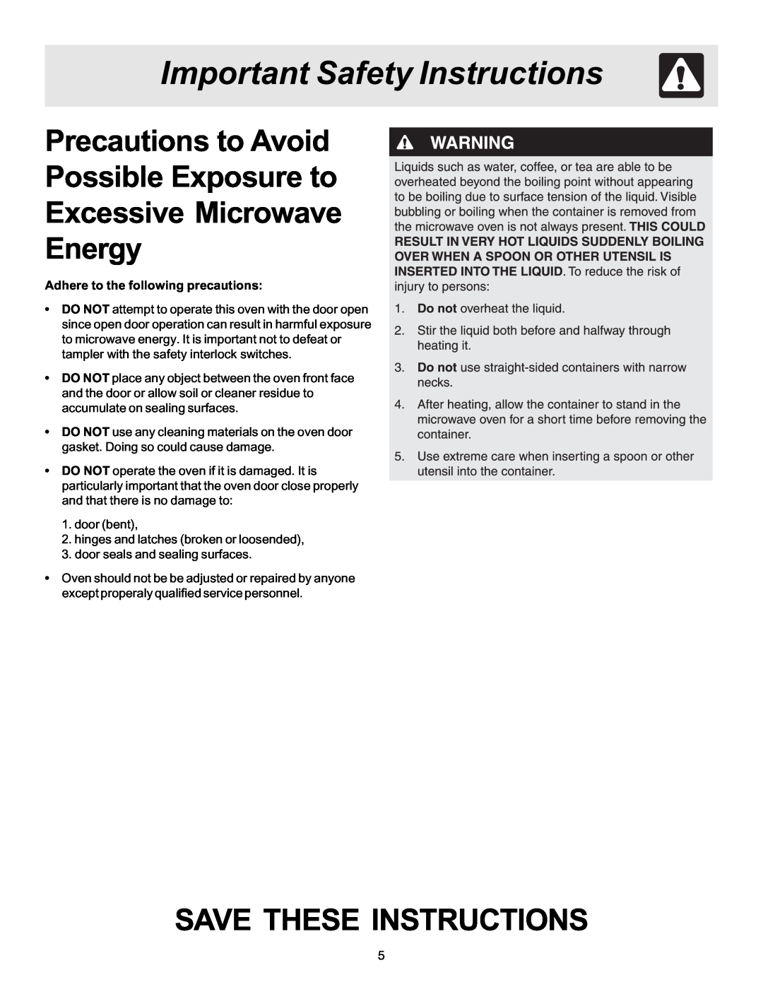 Frigidaire 316495058 Precautions to Avoid Possible Exposure to, Excessive Microwave Energy, Important Safety Instructions 
