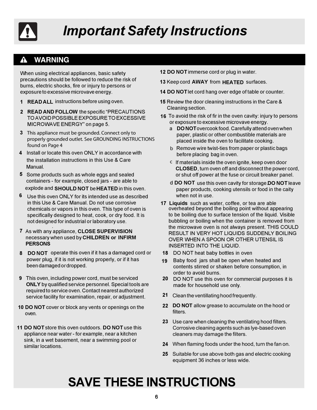 Frigidaire MWV150KB, MWV150KW, 316495058 manual Important Safety Instructions, Save These Instructions, Persons 