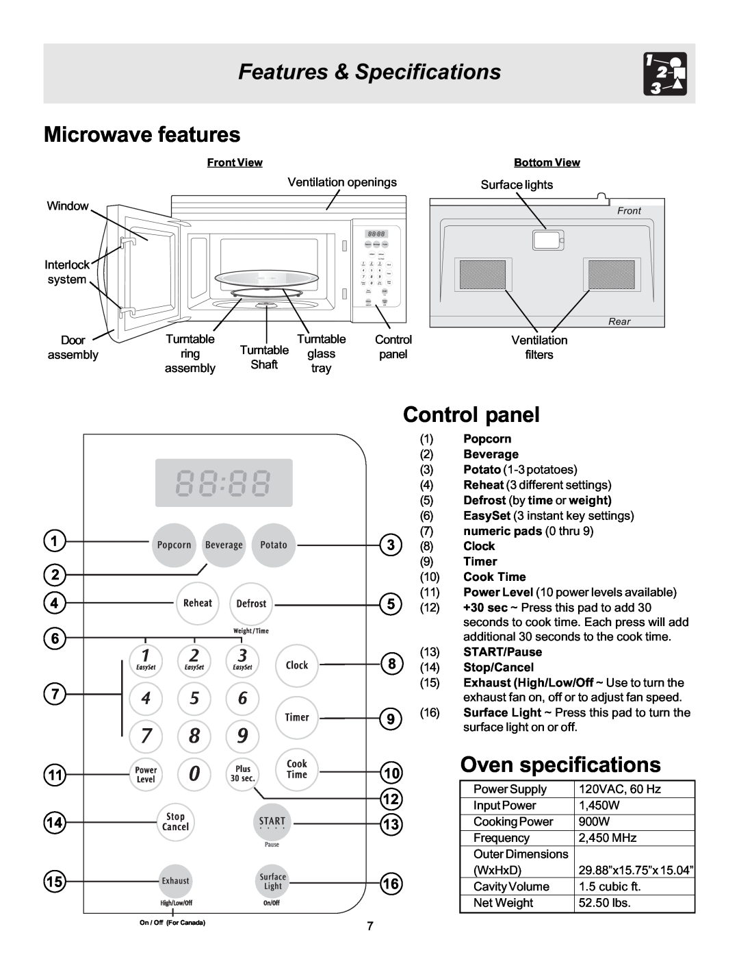 Frigidaire MWV150KW, MWV150KB manual Features & Specifications, Microwave features, Control panel, 10Oven specifications 