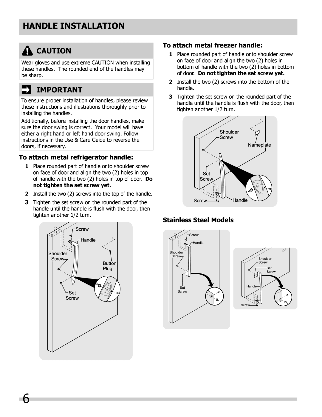 Frigidaire NFTR18X4LW, 242063800 Handle installation, To attach metal refrigerator handle, To attach metal freezer handle 