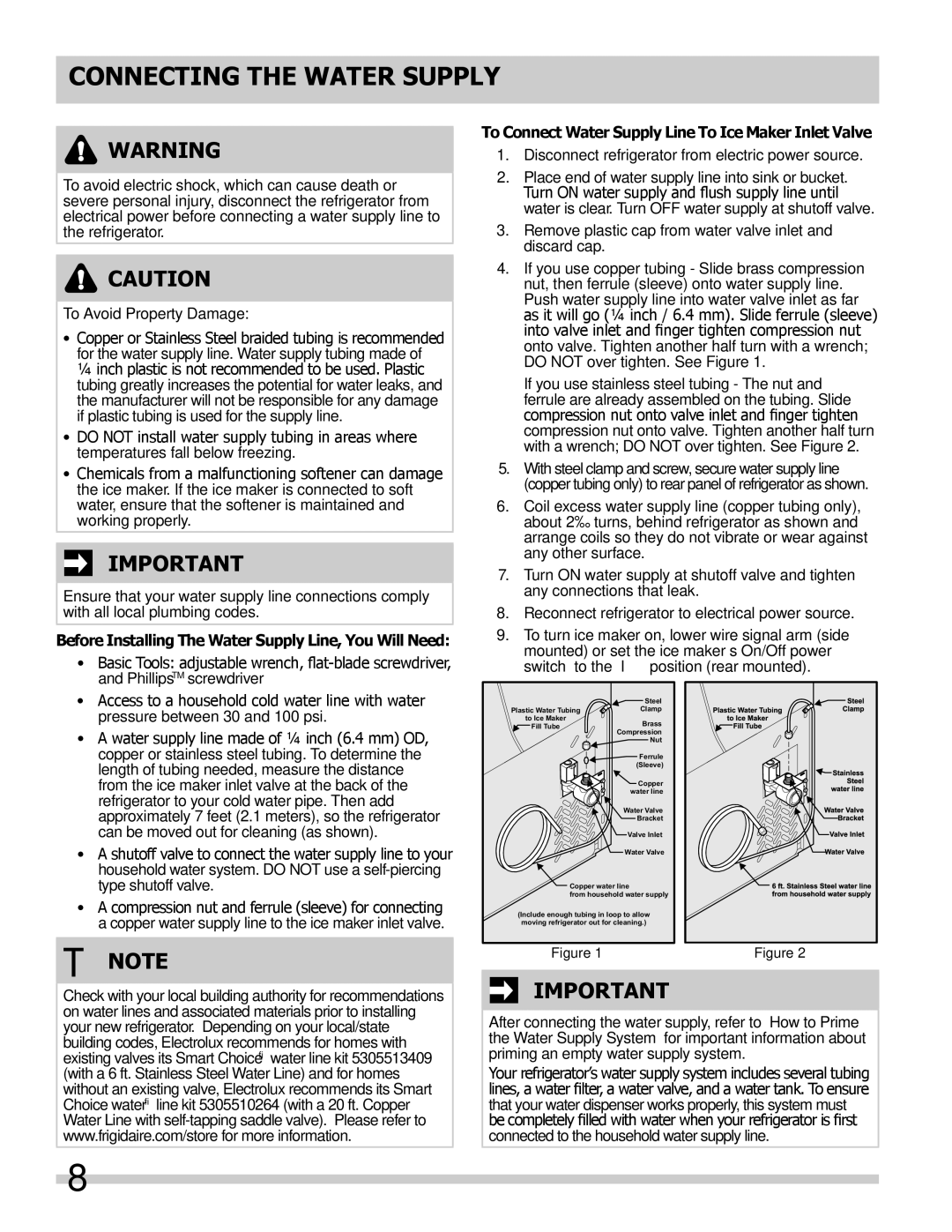 Frigidaire NFTR18X4LW, 242063800 Connecting the Water Supply, Before Installing The Water Supply Line, You Will Need 