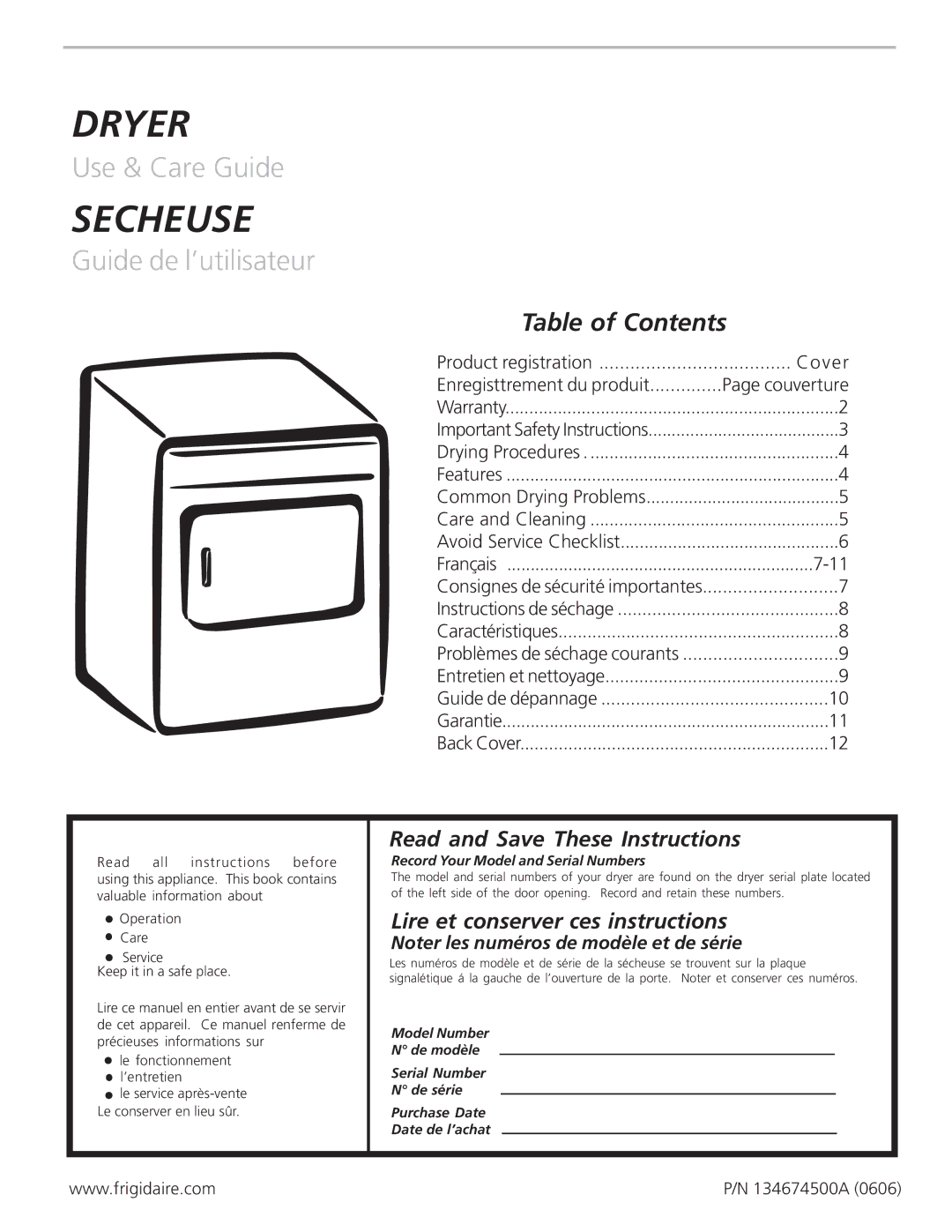 Frigidaire NLPWD15 warranty Secheuse, Table of Contents 