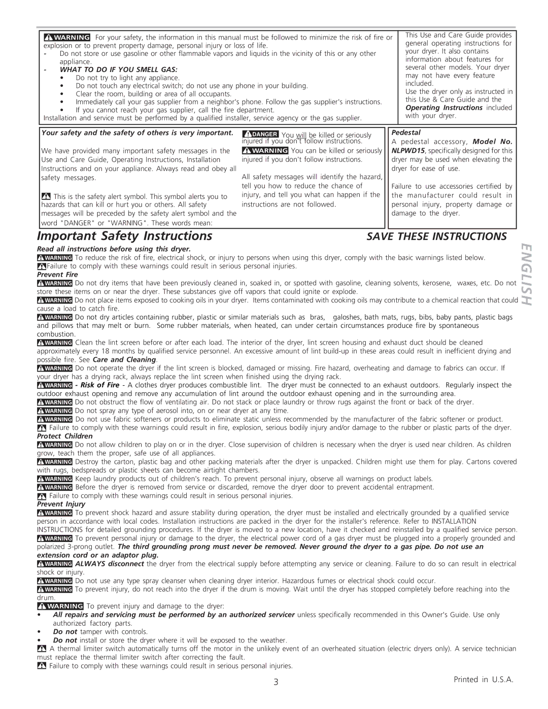 Frigidaire NLPWD15 warranty Important Safety InstructionsSAVE These Instructions 