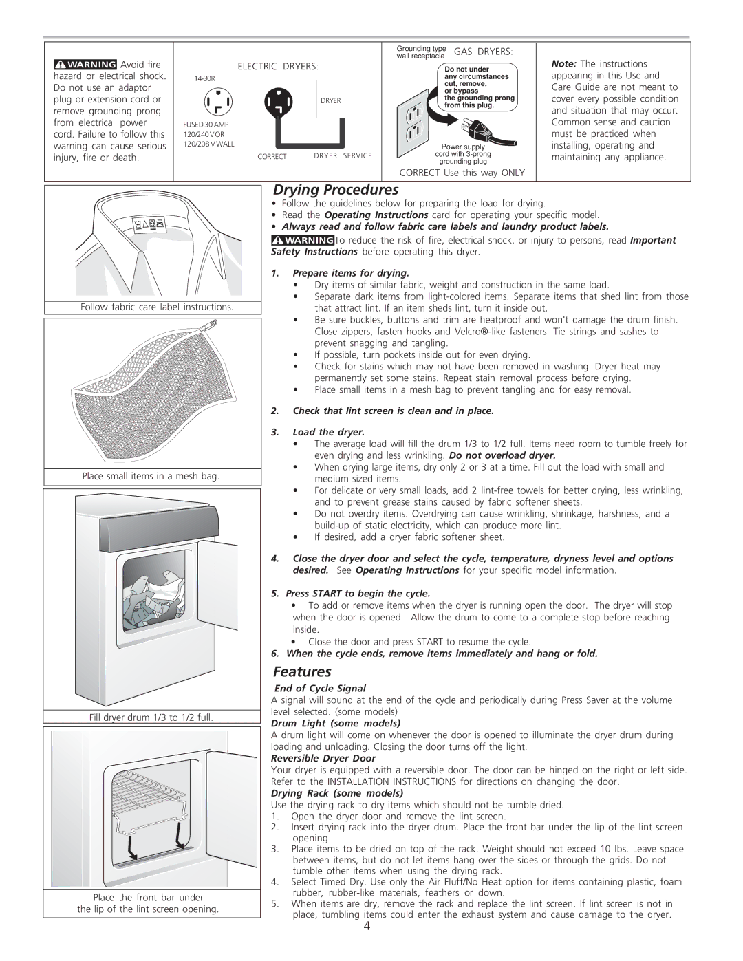 Frigidaire NLPWD15 warranty Drying Procedures, Features 