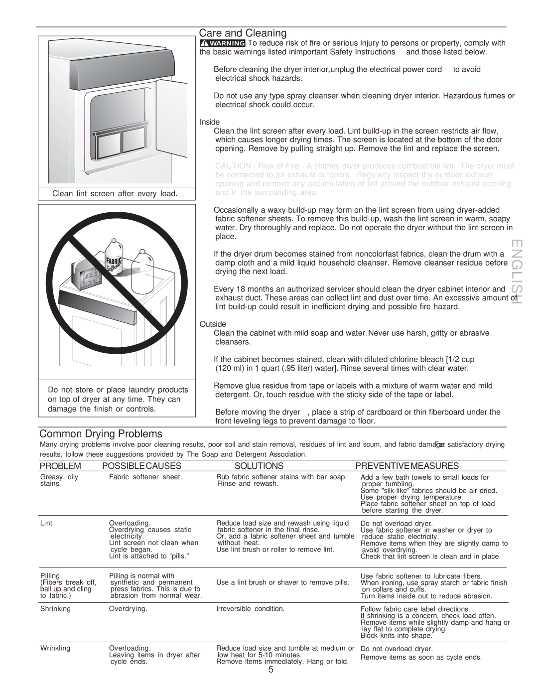 Frigidaire NLPWD15 warranty Care and Cleaning, Common Drying Problems, Inside, Outside 