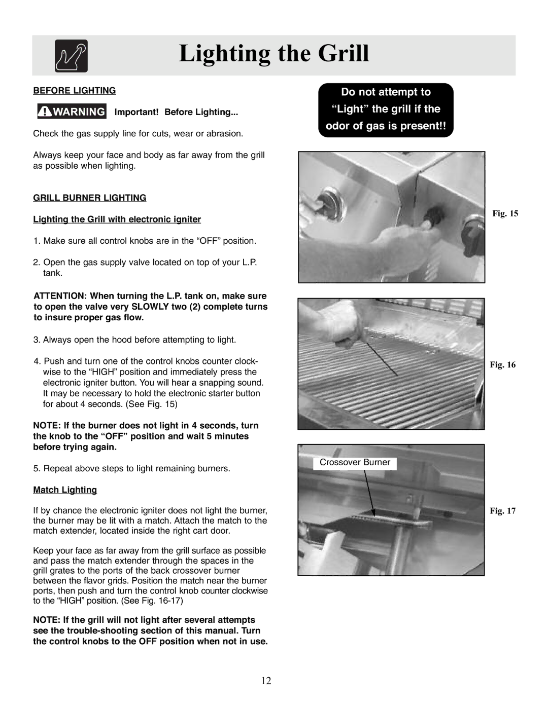 Frigidaire Outdoor Grill with Electronic Ignition warranty Lighting the Grill, Before Lighting, Grill Burner Lighting 