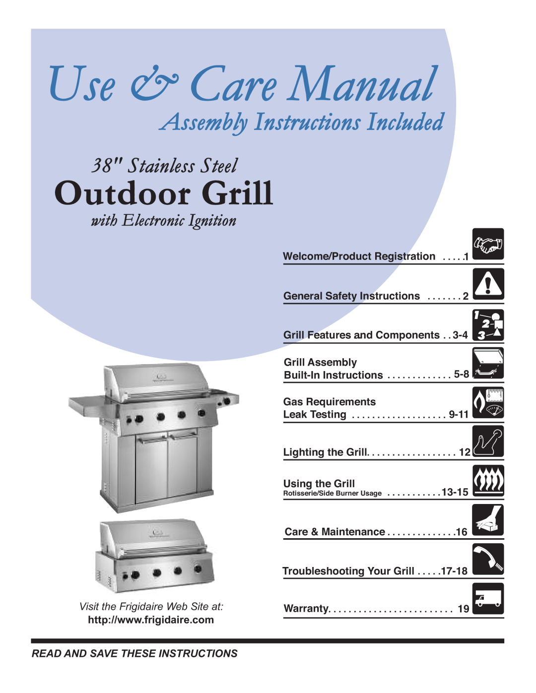 Frigidaire Outdoor Grill with Electronic Ignition warranty Use & Care Manual, Assembly Instructions Included 