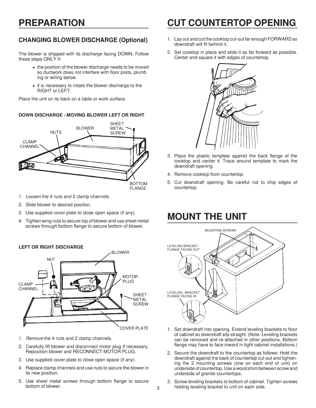 Frigidaire PL36DD, PL30DD Preparation, Mount the Unit, Down Discharge Moving Blower Left or Right, Left or Right Discharge 