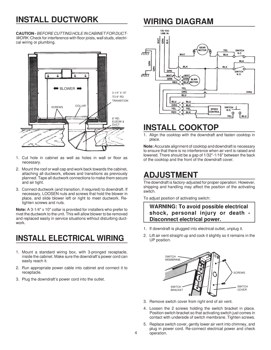 Frigidaire PL30DD, PL36DD warranty Install Ductwork Wiring Diagram, Install Electrical Wiring, Install Cooktop, Adjustment 