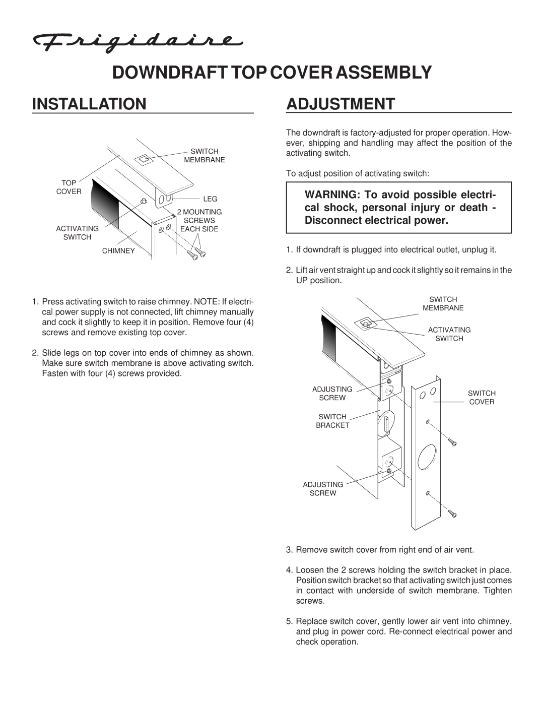 Frigidaire PL36DD, PL30DD warranty Downdraft TOP Cover Assembly, Installation 