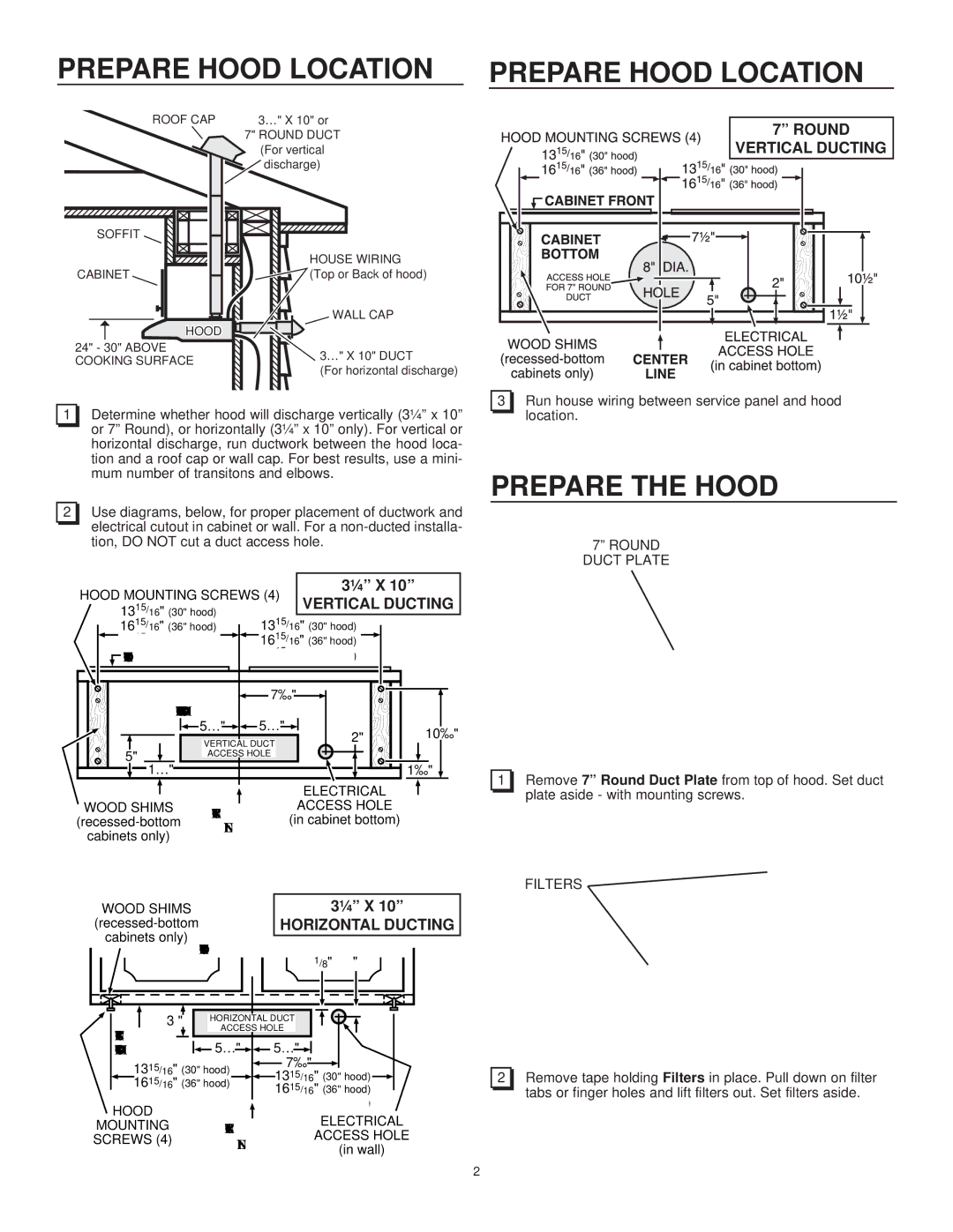 Frigidaire GL30WC4IES, PL30WC4IEC Prepare Hood Location Prepare Hood Location, Prepare the Hood, Round Duct Plate, Filters 