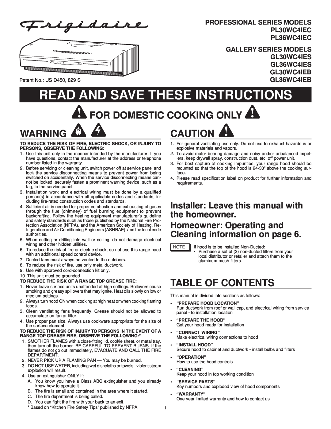 Frigidaire GL36WC4IEB, PL30WC4IEC manual For Domestic Cooking Only, Table Of Contents, Read And Save These Instructions 