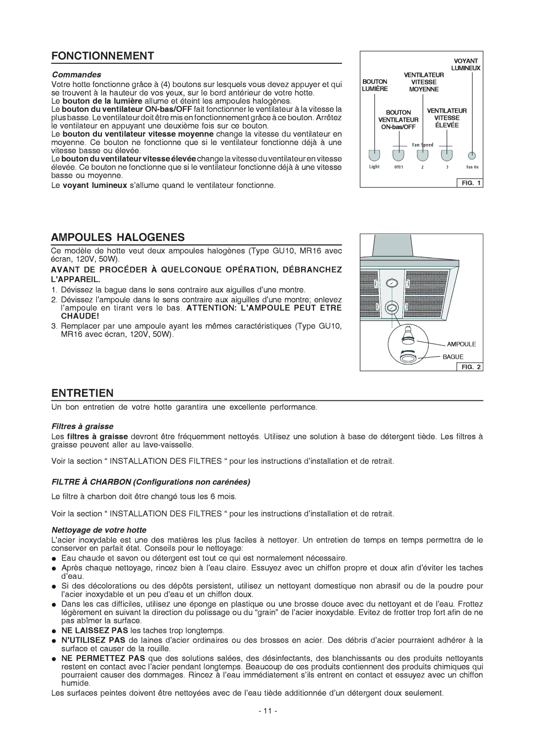 Frigidaire PL36PC50EC manual Fonctionnement, Ampoules Halogenes, Entretien 