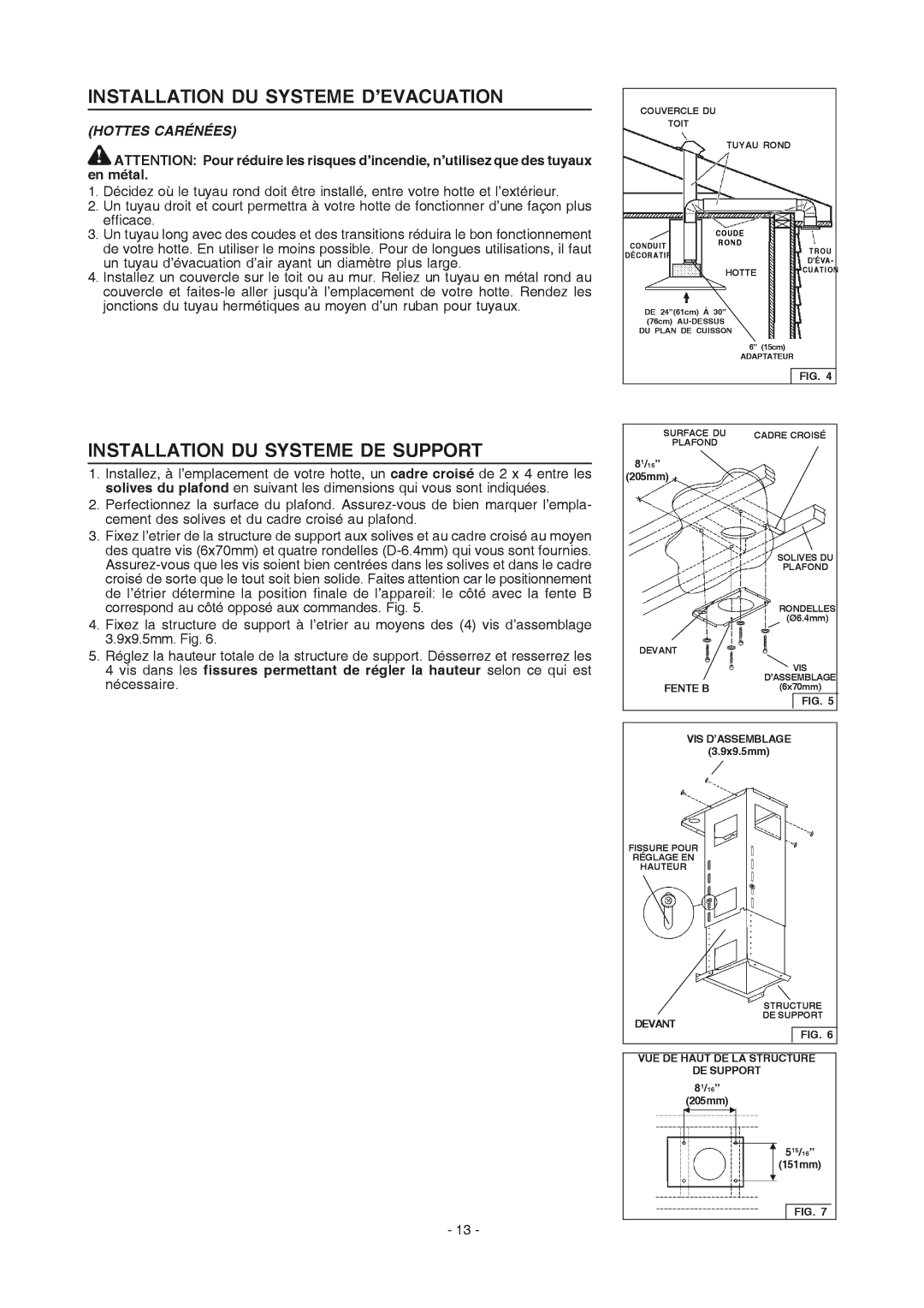 Frigidaire PL36PC50EC manual Installation DU Systeme D’EVACUATION, Installation DU Systeme DE Support, Hottes Carénées 