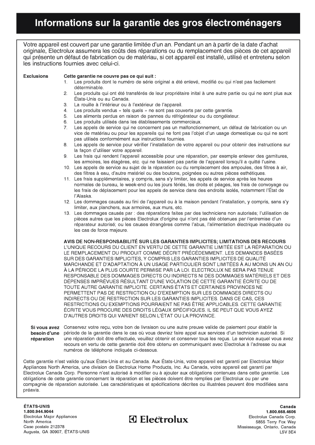 Frigidaire PL36PC50EC manual Informations sur la garantie des gros électroménagers 