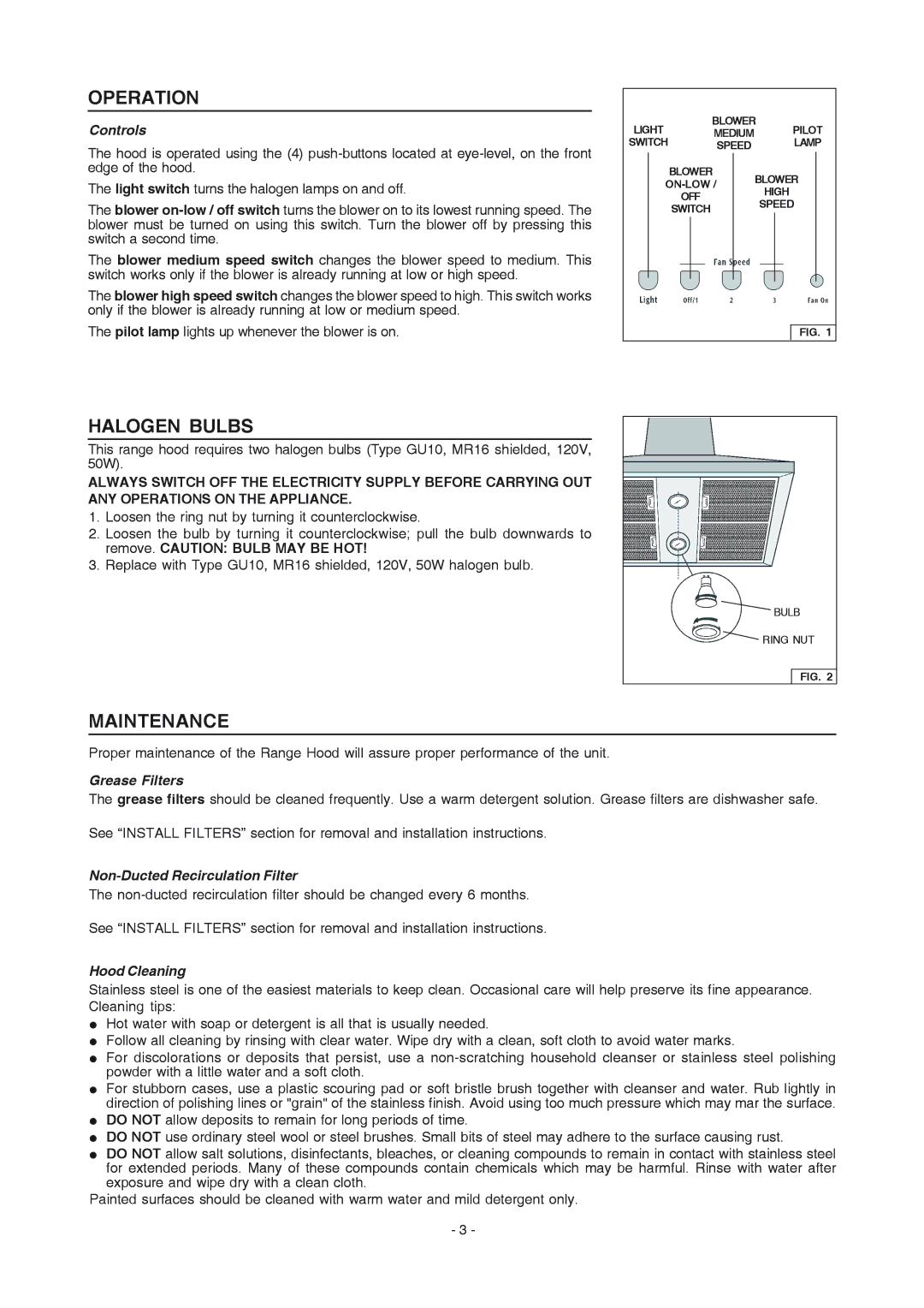 Frigidaire PL36PC50EC manual Operation, Halogen Bulbs, Maintenance 