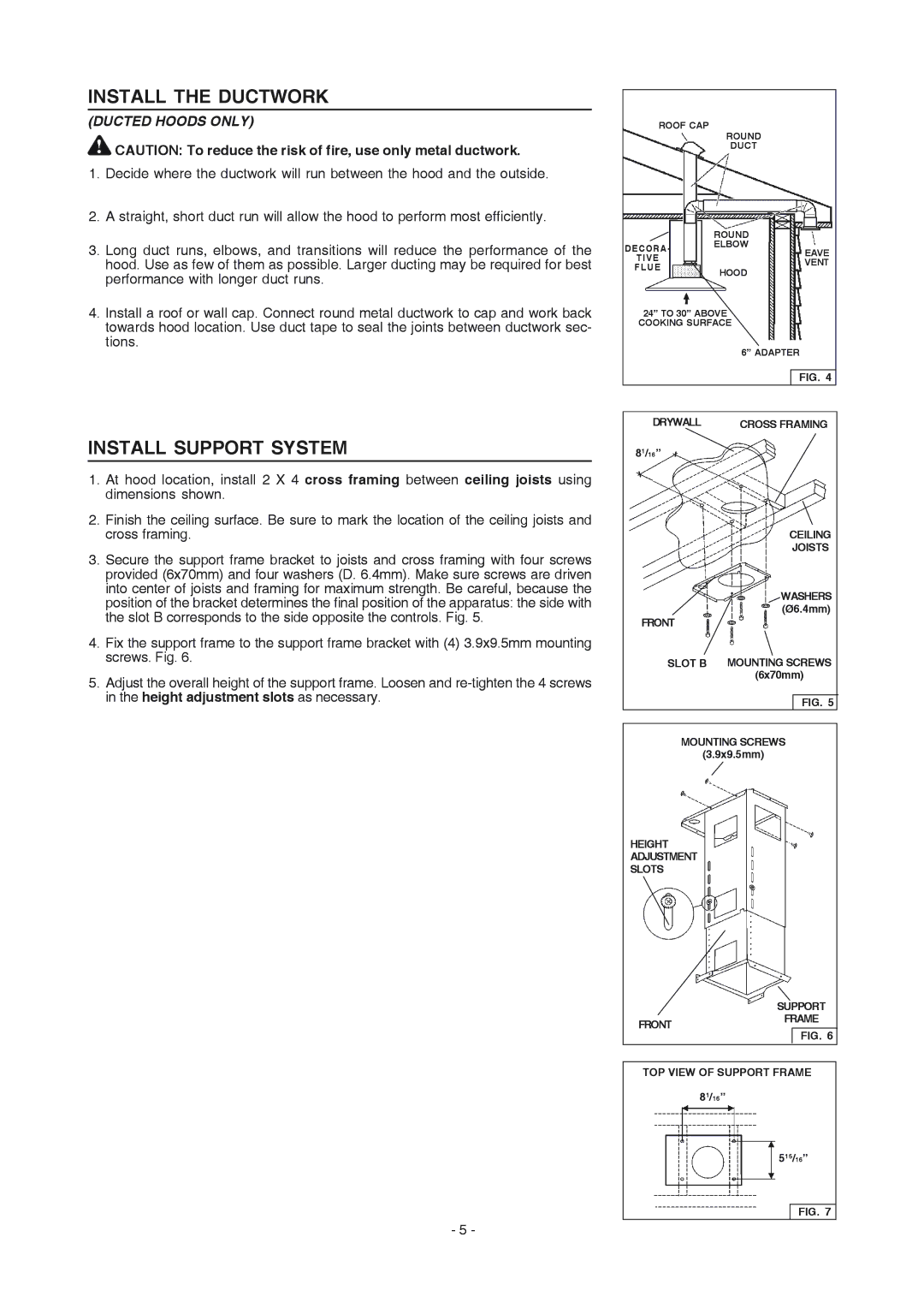 Frigidaire PL36PC50EC manual Install the Ductwork, Install Support System, Ducted Hoods only 