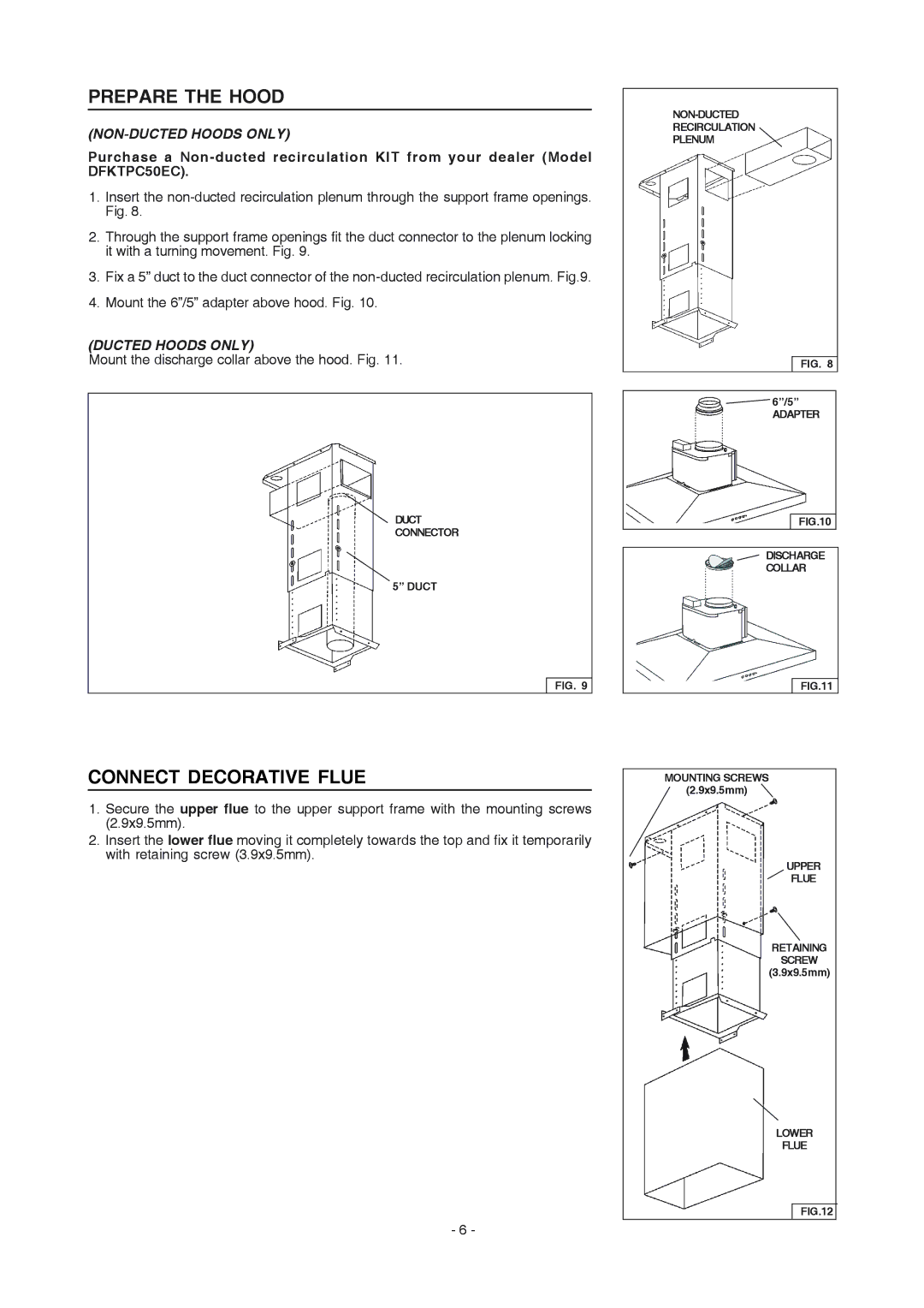 Frigidaire PL36PC50EC manual Connect Decorative Flue, NON-DUCTED Hoods only 